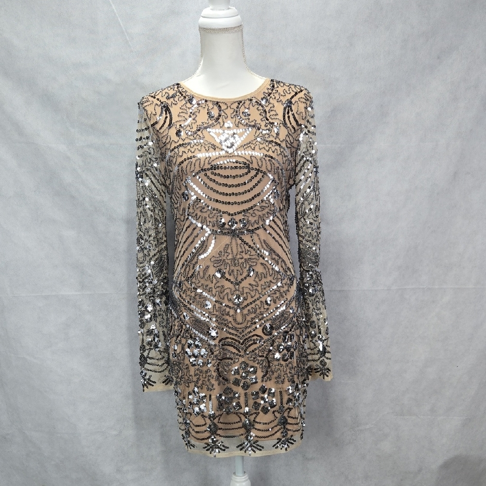 Endless Rose Silver and Cream Long Sleeve Dress